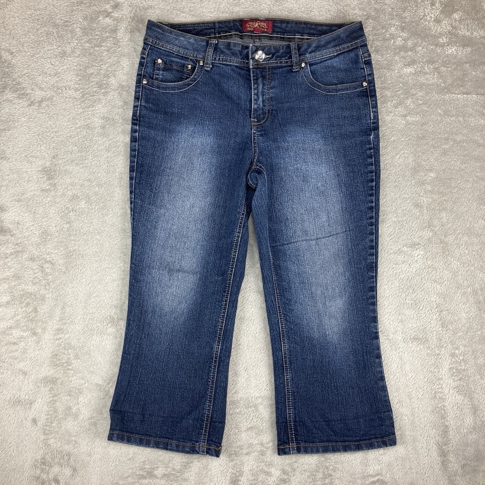 One 5 One Capri Jeans Womens Size 10 Blue Denim Studded Flap Pocket Stretch‎